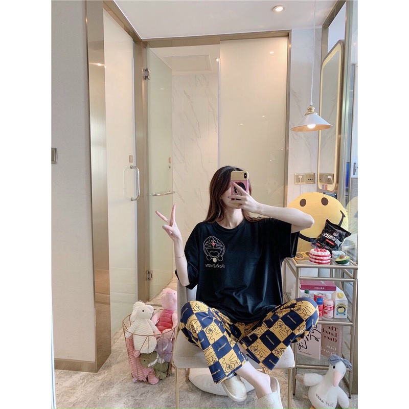 Set đồ bộ ngủ Pyjama ngắn tay phối họa tiết hoạt hình Doraemon siêu dễ thương quần dài caro bao đẹpCheapShop