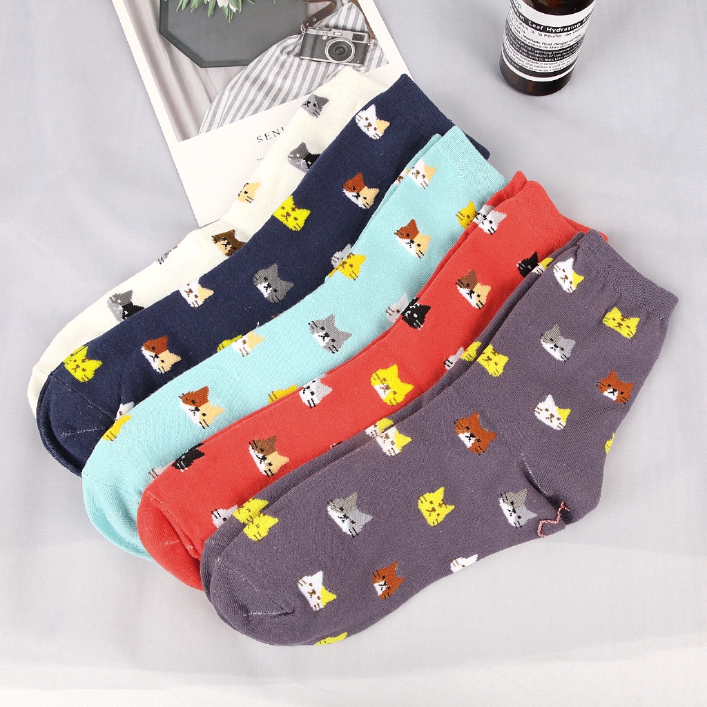 Vớ Cotton Cổ Cao Thoáng Khí In Hình Mèo Dễ Thương Cho Nữ