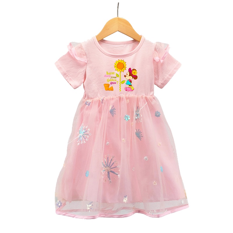 Đầm Cotton Tay Ngắn Phối Lưới Hình Chuột Mickey Lấp Lánh Cho Bé Gái 2-8 Tuổi