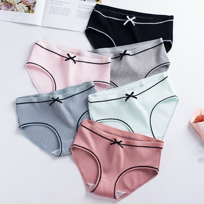 ♥️ Quần Lót Nữ ♥️ Combo 5 Quần lót cotton chíp kute gân tăm trơn viền nơ phối