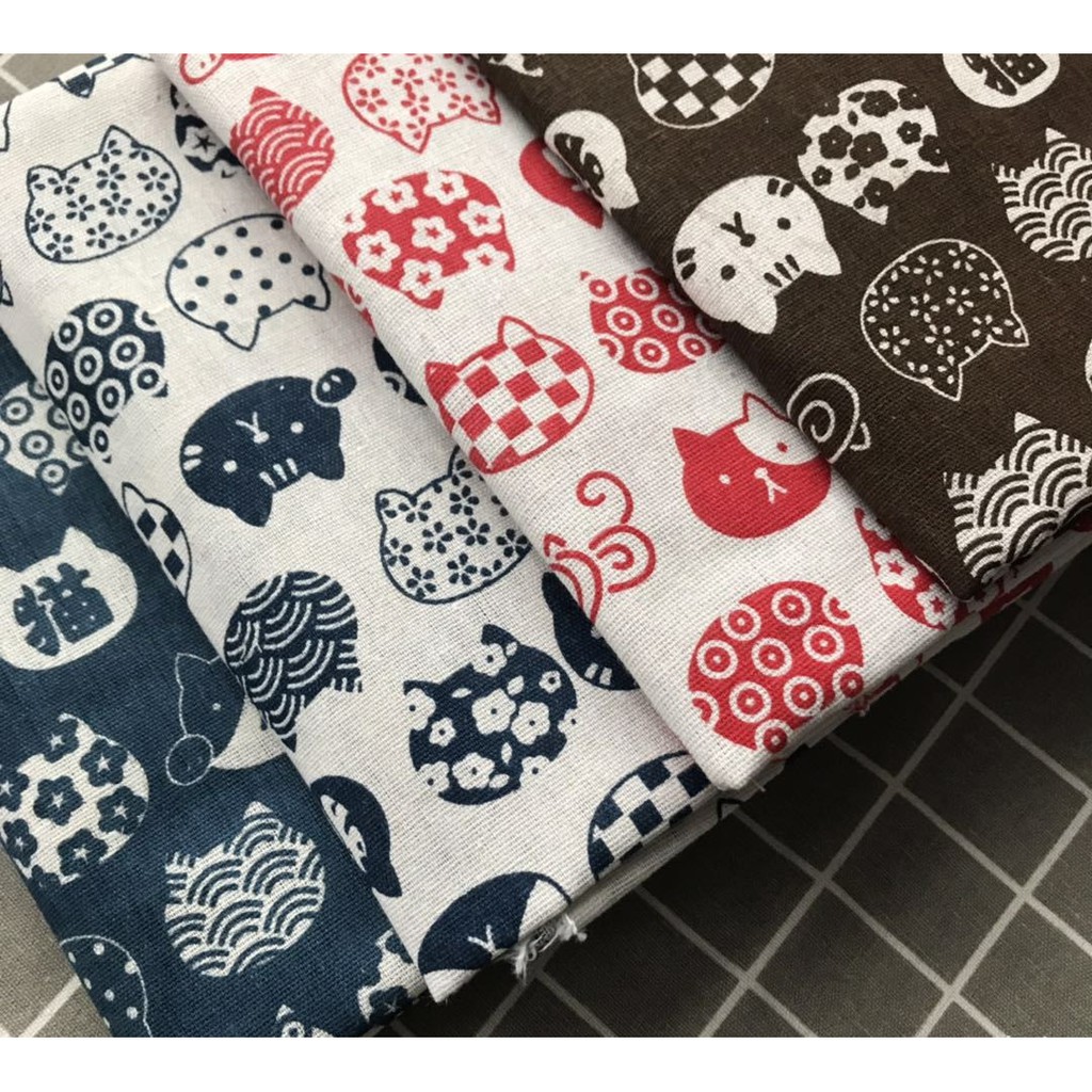 Vải linen họa tiết Mèo kitty xanh blue V-G02