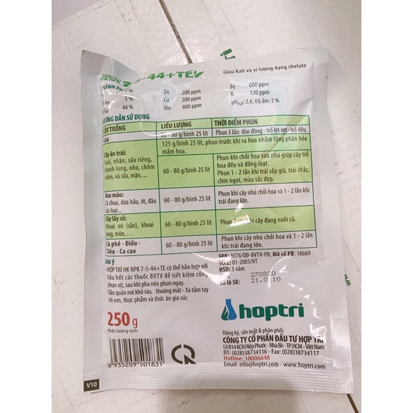 Phân Bón Lá NPk 7-5-44+TE HỢP TRÍ - 250gr