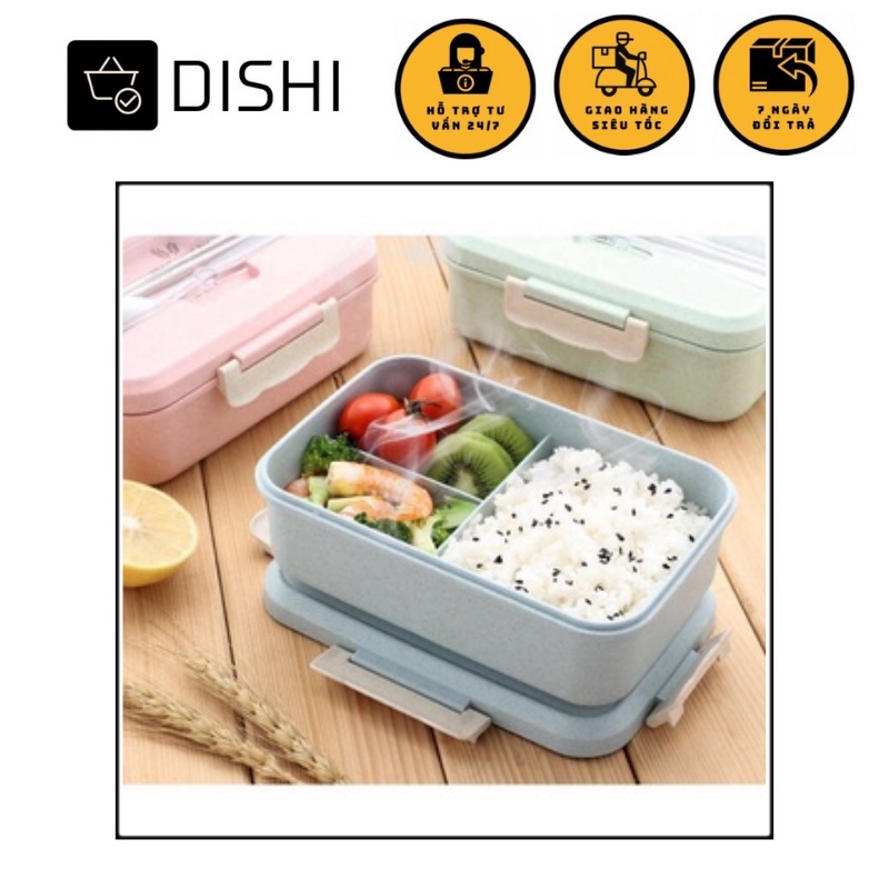 Hộp cơm 3 ngăn Lúa Mạch giữ nhiệt tặng bộ đũa thìa | DISHI
