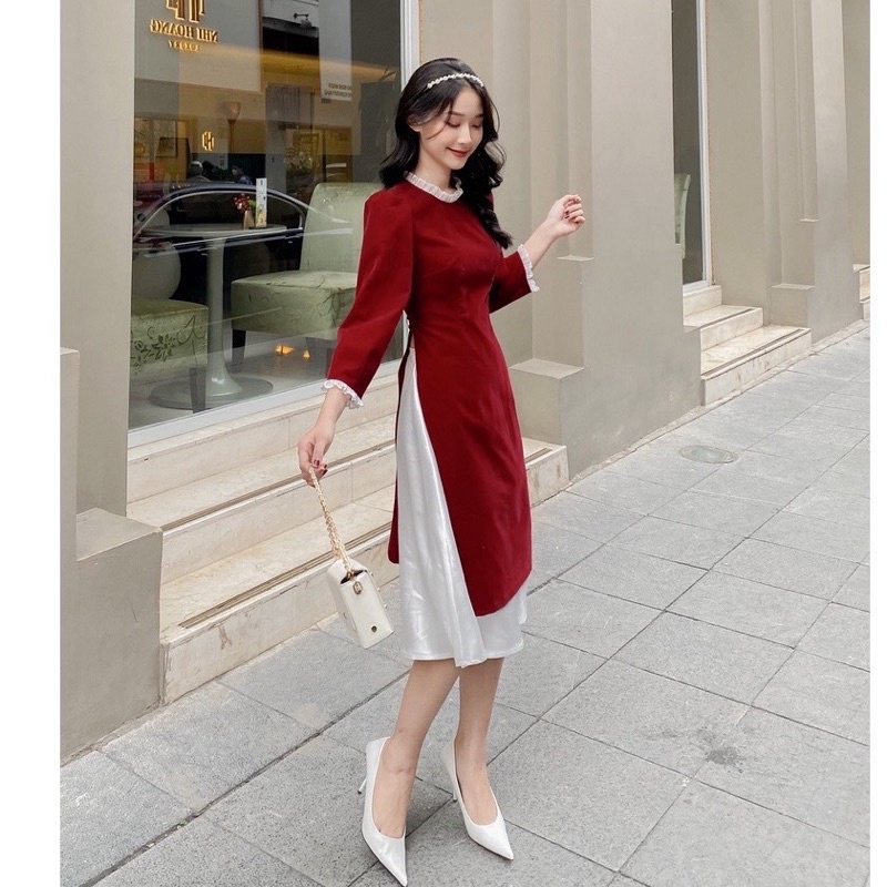 SET Áo dài đỏ nhung cổ bèo kèm chân váy lụa mềm trắng | WebRaoVat - webraovat.net.vn