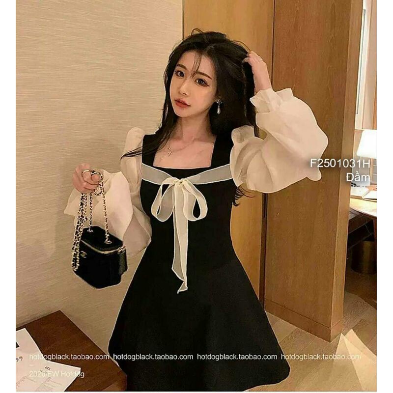 Đầm xòe đen thắt nơ ngực cổ vuông phối tay dài!