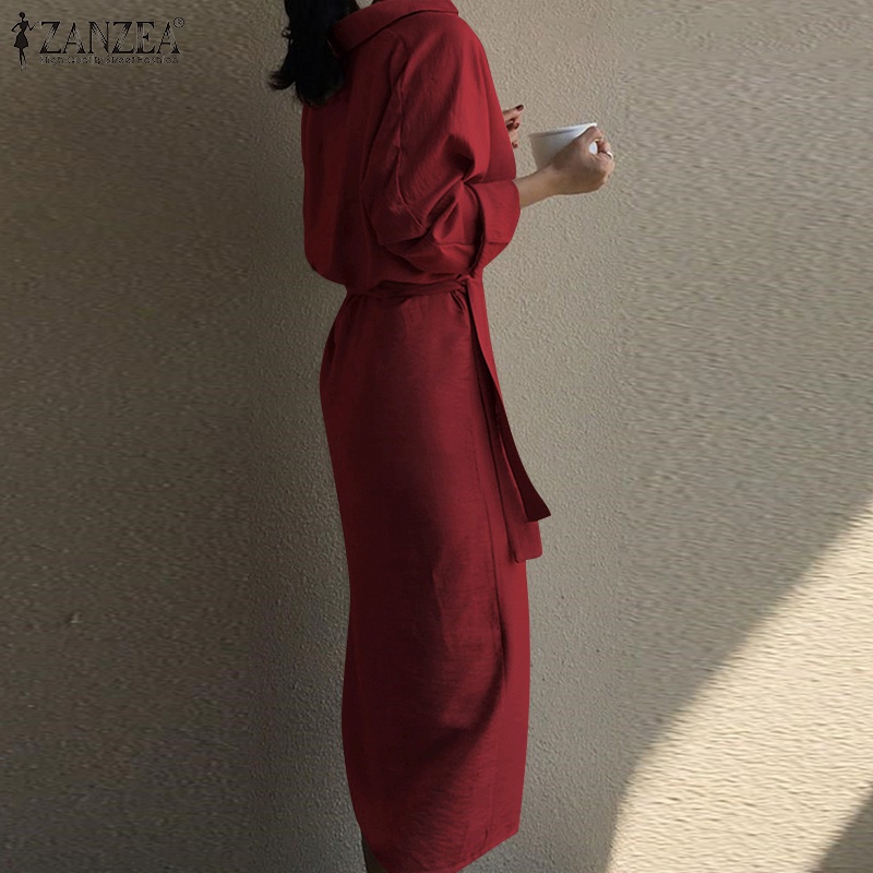 Đầm midi  ZANZEA tay dài cổ bẻ cột dây thời trang cho nữ