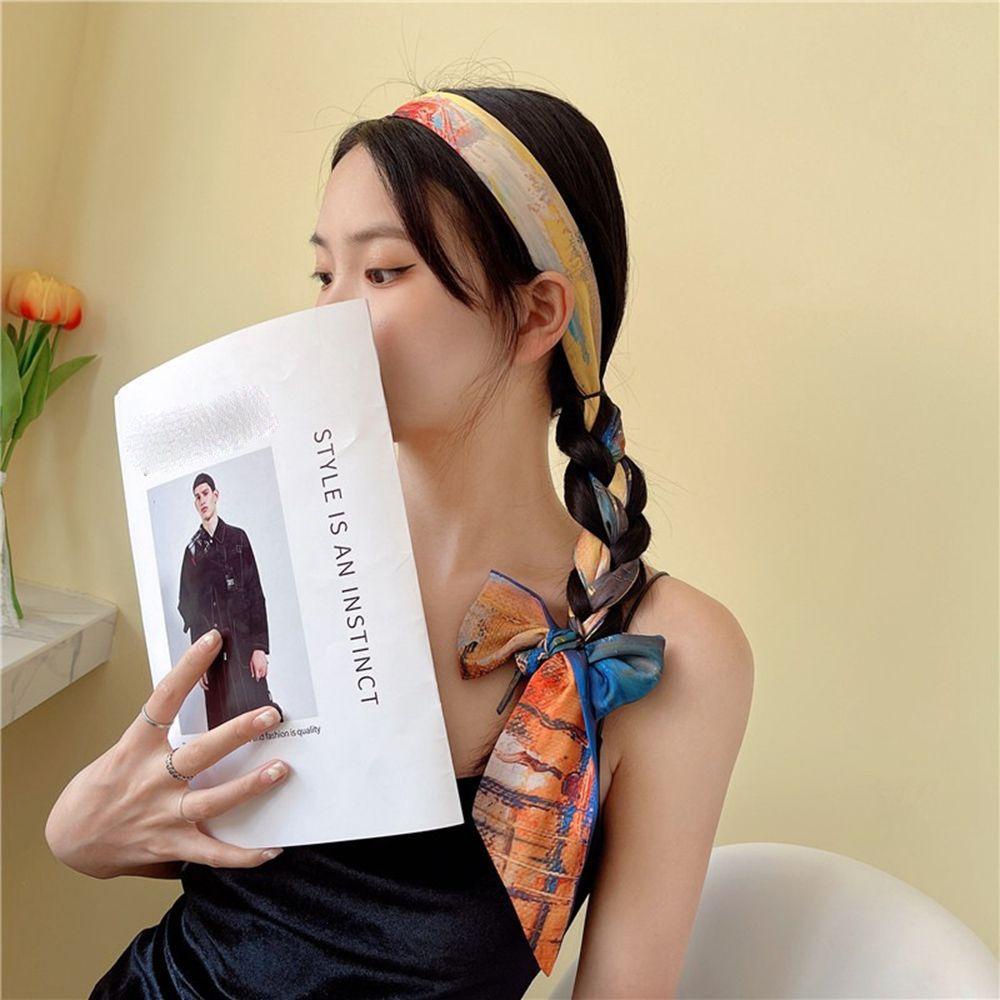 Mxgoods Băng Đô Lụa Satin Dài Đính Ngọc Trai In Họa Tiết Tranh Sơn Dầu Phong Cách Retro Pháp