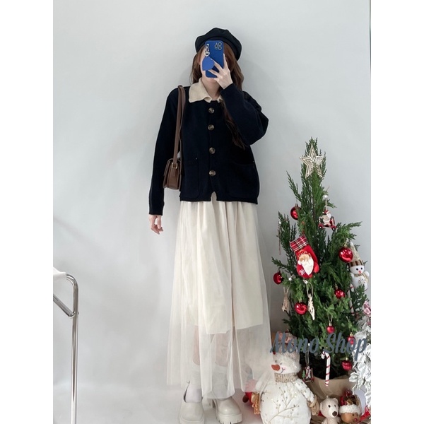 Áo len cổ bẻ cài nút 2 túi to dáng thụng cardigan 3 màu Ảnh thật/ sẵn
