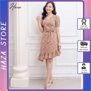 Đầm nữ dáng xòe, váy nữ dáng xòe vải lụa tằm cao cấp họa tiết hoa nhí cổ V thanh lịch kèm dây eo