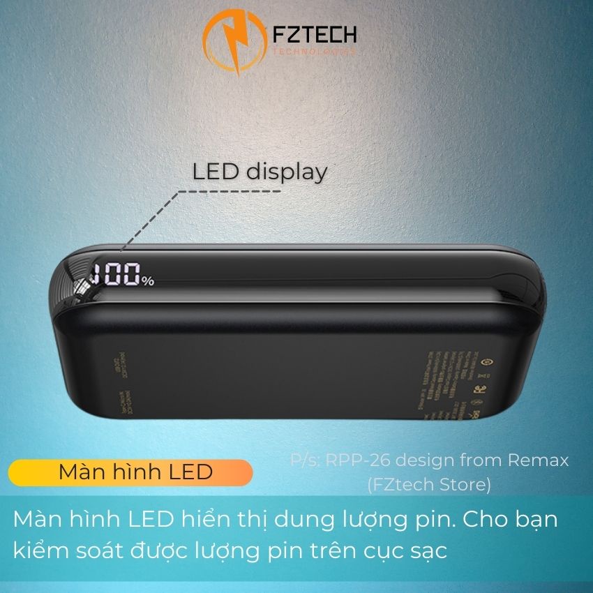 Sạc dự phòng 10000mah Remax RPP-26 FZTECH Pin dự phòng chính hãng Sạc nhanh 2.1A Màn hình LED hiển thị dung lượng pin