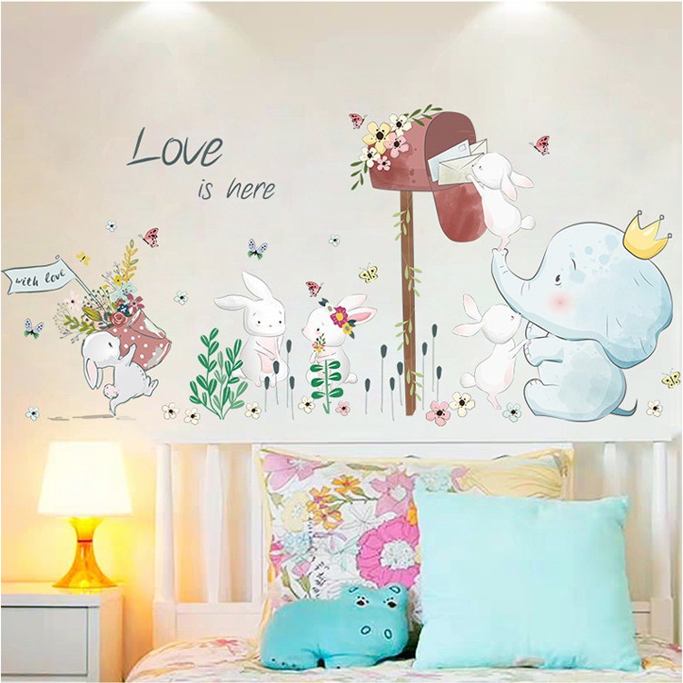 Decal dán tường Voi thỏ Love is Here A68 - Decal dán tường Hàn Quốc