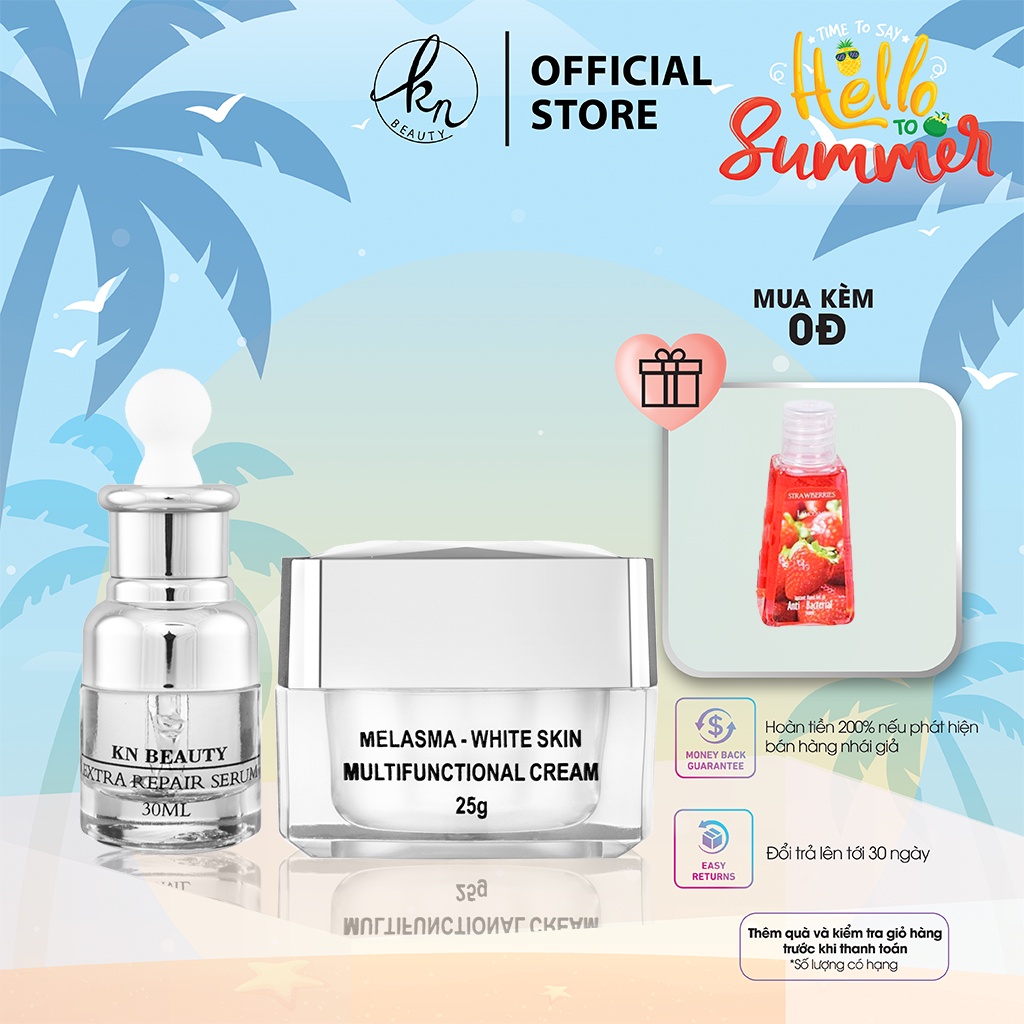 Combo 2 sản phẩm Trắng Da Ngừa Nám KN Beauty chuyên sâu: Kem dưỡng 25g + Serum 30ml (tặng son + gel rửa tay)