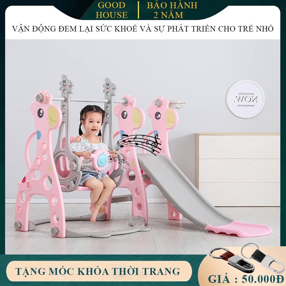 Cầu trượt cho bé kèm xích đu và bộ bóng rổ giúp bé vui chơi tăng cường phát triển của trẻ. Bảo hành 2 năm.