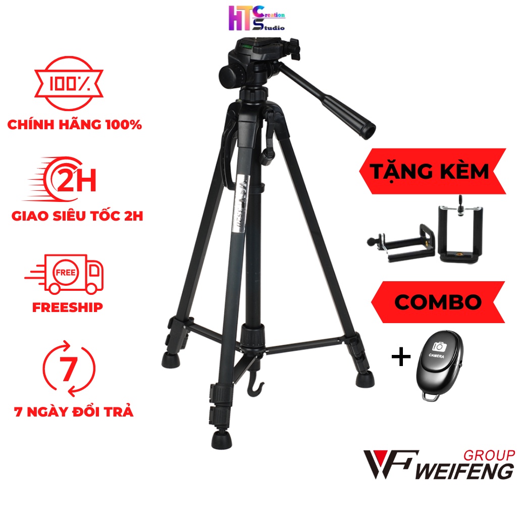 Tripod chân máy ảnh Weifeng WT-3520, khung nhôm cao cấp, cao 1.4m chịu tải 3kg, có túi đeo. Tặng kèm kẹp điện thoại