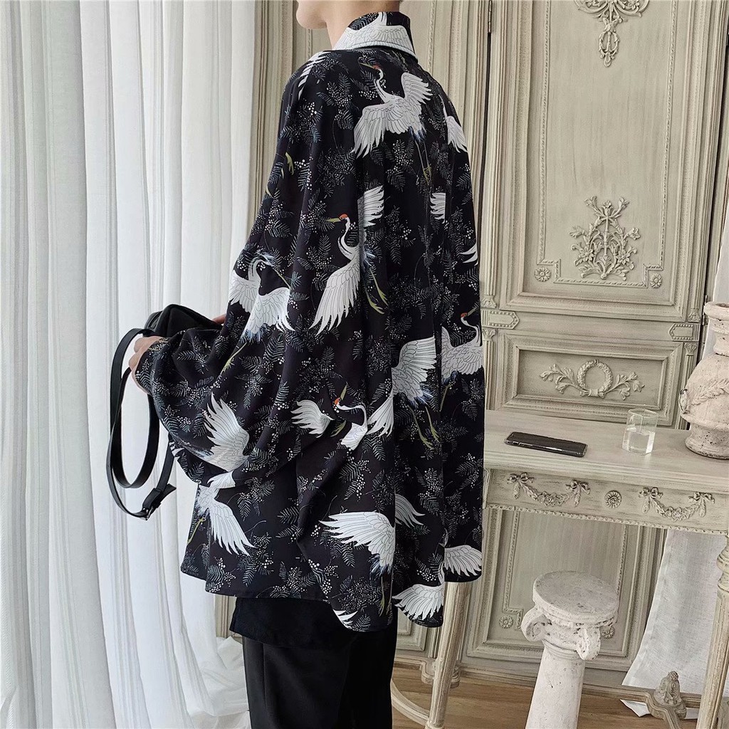 Áo sơ mi tay dài họa tiết chim sếu thời trang phong cách dành cho nam | BigBuy360 - bigbuy360.vn