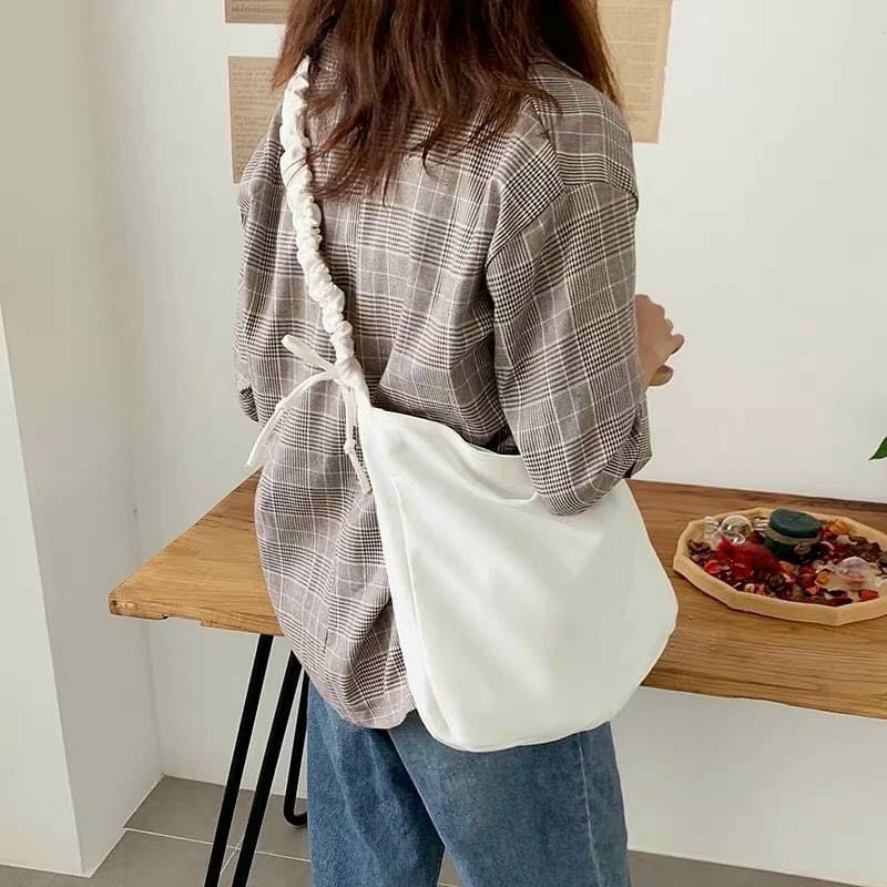 [FREESHIP] Túi tote đeo chéo dây rút có khóa &amp; túi con - vải canvas, phong cách ULZZANG