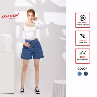 Quần short jeans CRAZYTEEN ống rộng nữ ngố phối túi K0178