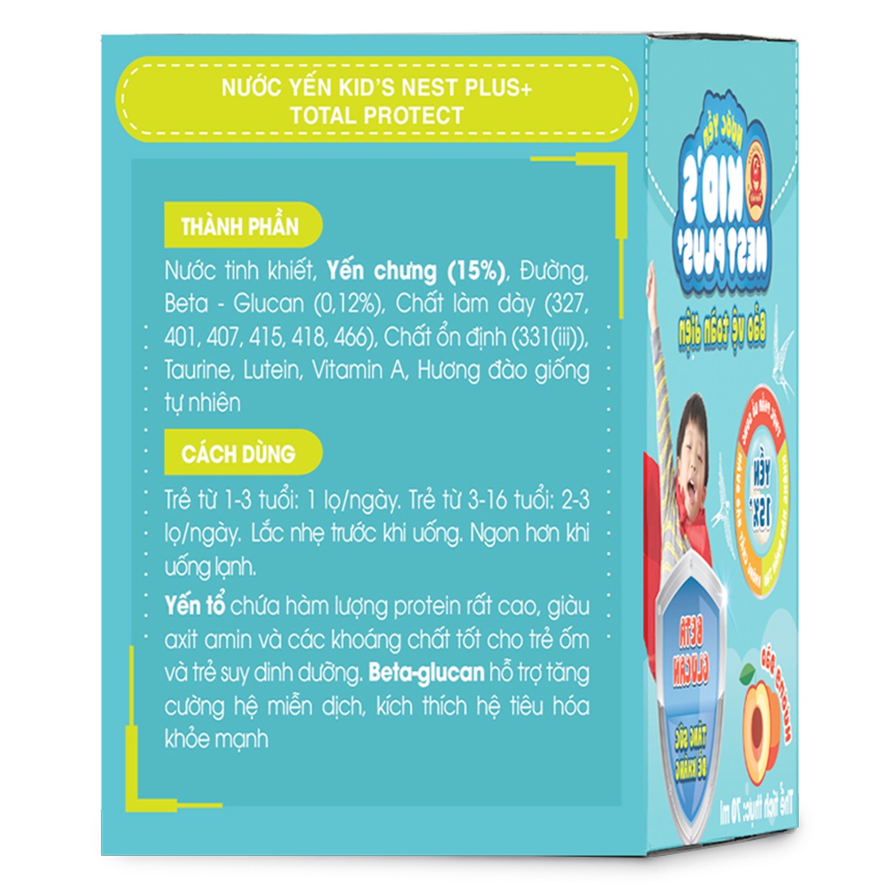 Nước yến Kid's Nest Plus+ Protect Hương đào 70ml (Lốc 3+1)