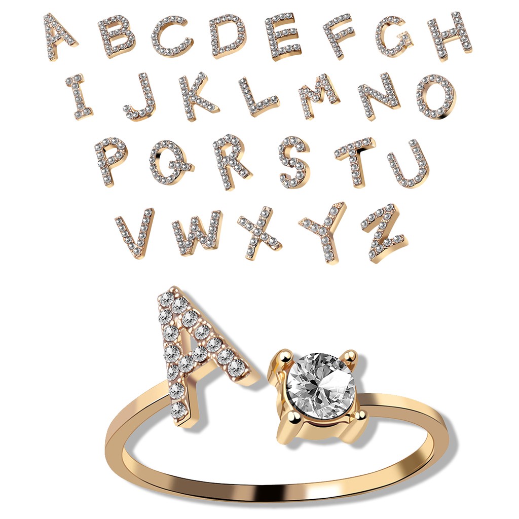 Nhẫn hở RINHOO mạ vàng 26 chữ cái tiếng anh tùy chọn đính đá có thể điều chỉnh thời trang nữ