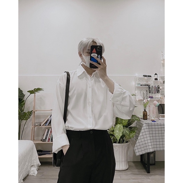 ÁO SƠMI FORM RỘNG TRẮNG ĐEN UNISEX NAM NỮ (hình chụp thật)