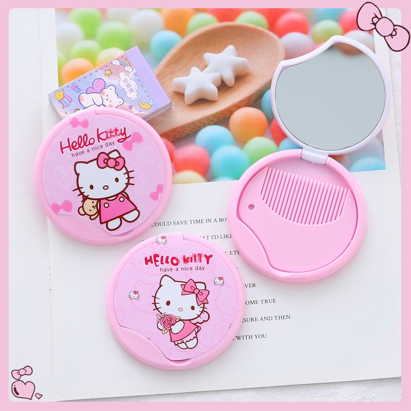 Gương trang điểm tròn kèm lược bỏ túi hình Hello Kitty