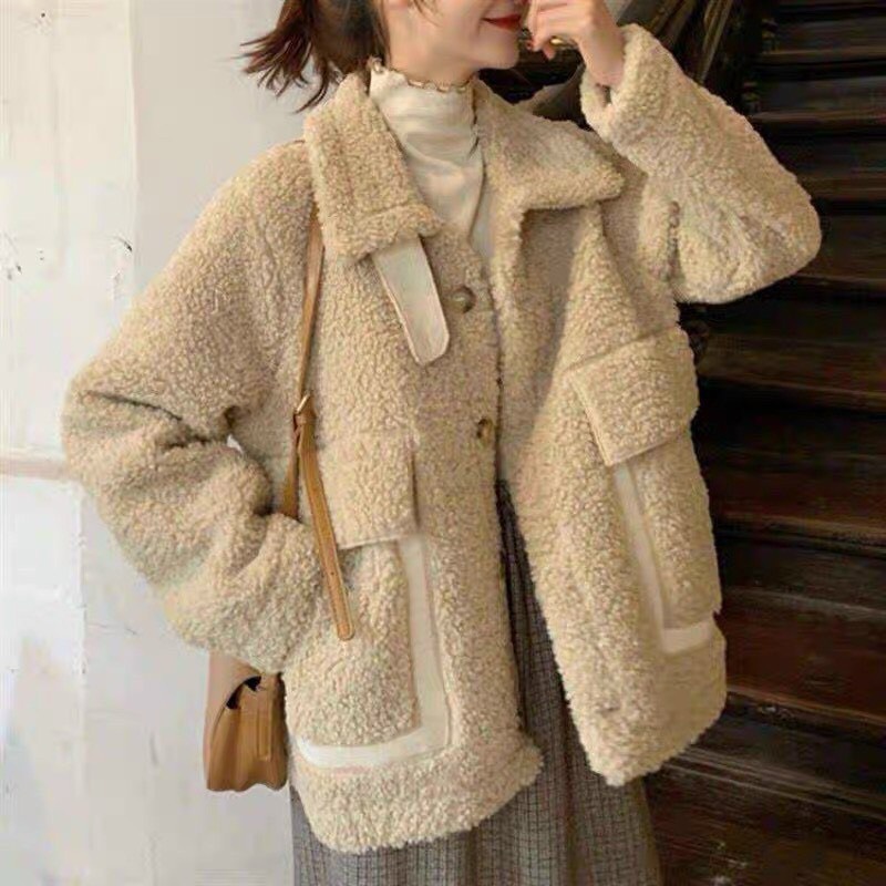 Áo Nỉ Lông Túi Hộp Nữ - Áo khoác be cổ bẻ form rộng thiết kế bắt mắt, cá tính HOT TREND