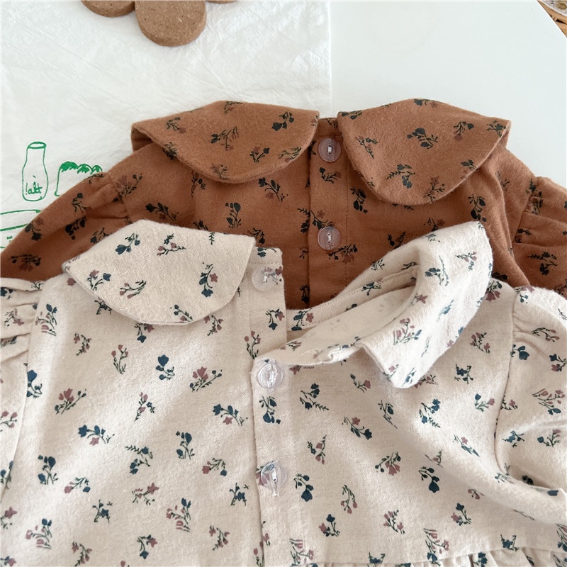 Áo Liền Quần Cổ Búp Bê Họa Tiết Hoa Nhỏ Xinh Xắn Mềm Mại Cho Bé Gái 0-2 Tuổi