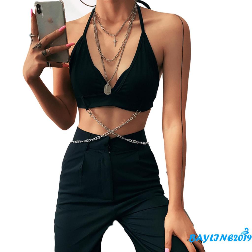Áo Croptop Cổ Yếm Cổ Chữ V Không Tay Hở Lưng Phối Dây Xích Gợi Cảm Cho Nữ