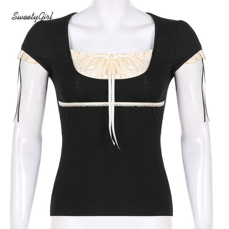 Áo Thun Tay Ngắn Cổ Vuông Dáng Ôm Phối Ren Màu Sắc Tương Phản Thời Trang Cho Nữ