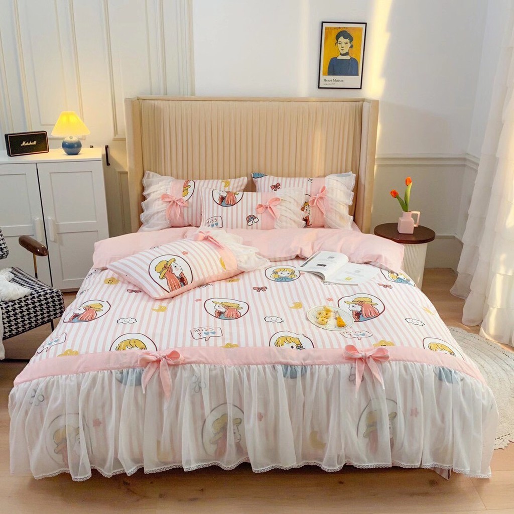 Bộ chăn ga gối cotton hoạt tính ren voan mẫu cô gái