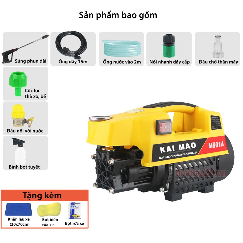 Máy xịt rửa xe mini gia đình mô tơ từ, tự hút nước 1800W Kaimao M801A- Dây 15m, Súng đầu dài, Bình bọt tuyết