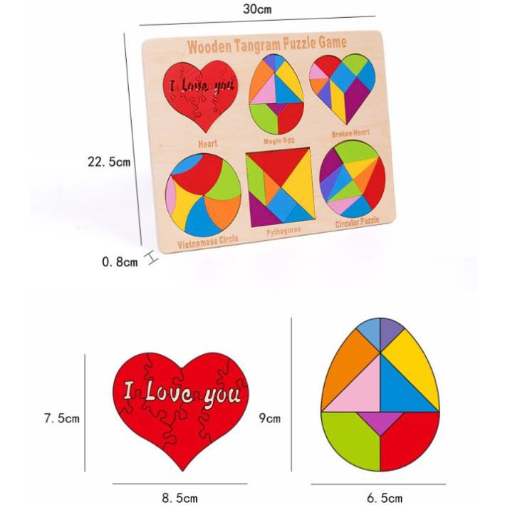 Đồ chơi xếp hình, bộ xếp hình gỗ đa năng 6 Trong 1 Cho Bé Ghép Hình Trứng, Trái Tim, Tangram, Tetris,  Montessori