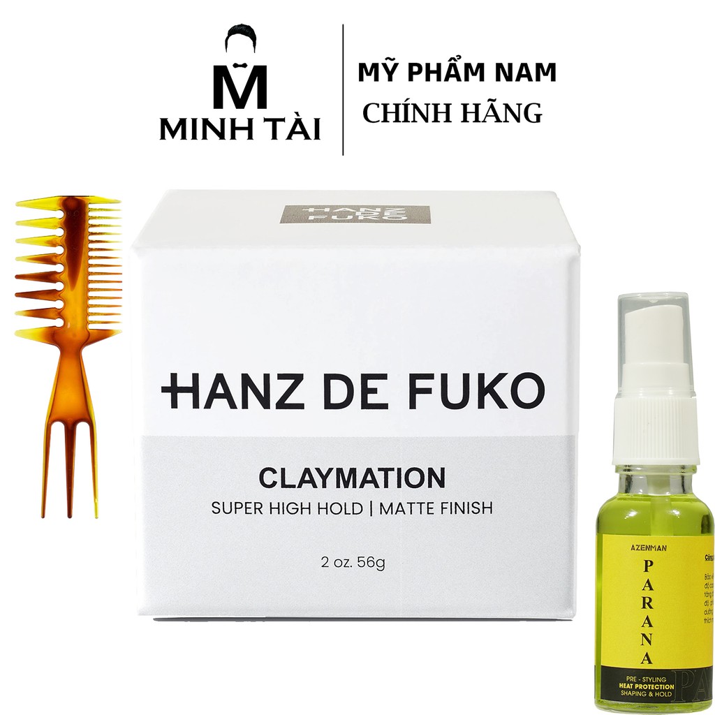 Sáp Vuốt Tóc Nam HANZ DE FUKO Claymation 56g - Hàng Chính Hãng + Xịt Dưỡng Tóc Pre-styling Parana 20ml + Lược Tạo kiểu