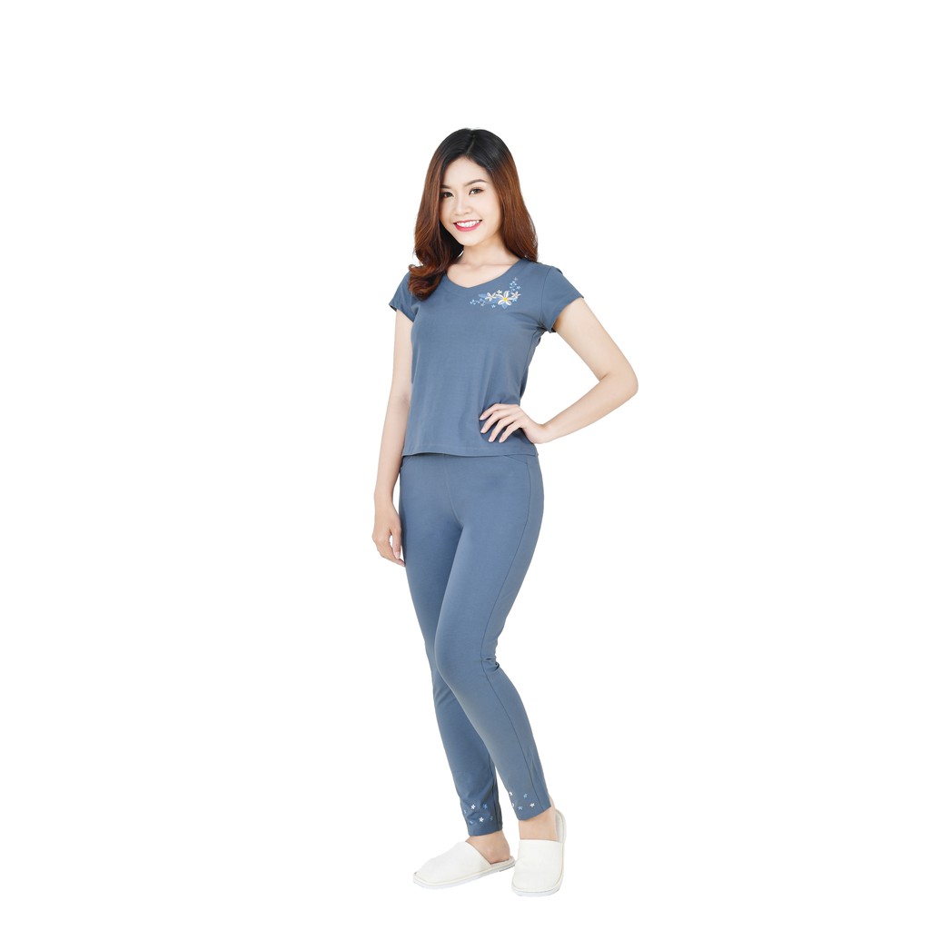 Bộ mặc nhà cotton V Hoa Gia Hồi Quần dài size L,XL,XXL,XXXL