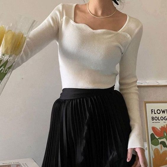 Áo Sweater Tay Dài Cổ Vuông Dáng Ôm Thời Trang Cho Nữ