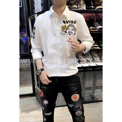 Áo sơ mi trắng tay dài nam thêu evisu beyond denim sóng biển màu chất kaki dày dặn có độ co dãn nhẹ K3 STORE  S2558