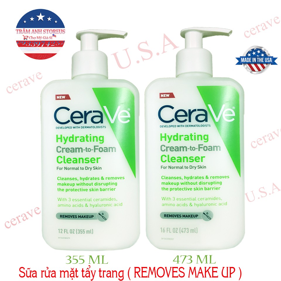 Sửa rửa mặt tẩy trang dịu nhẹ CeraVe Hydrating Cream To Foam Cleanser 355ml / 473ml USA