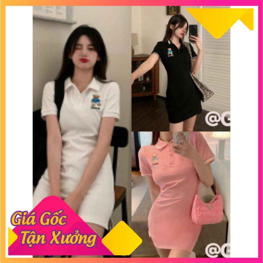XẢ KHO GIÁ SỐC Đầm Nữ Polo Họa Tiết Gấu Thêu Cá Tính ,Váy Body Nữ Dáng Ngắn Cộc Tay 3 Màu Q037