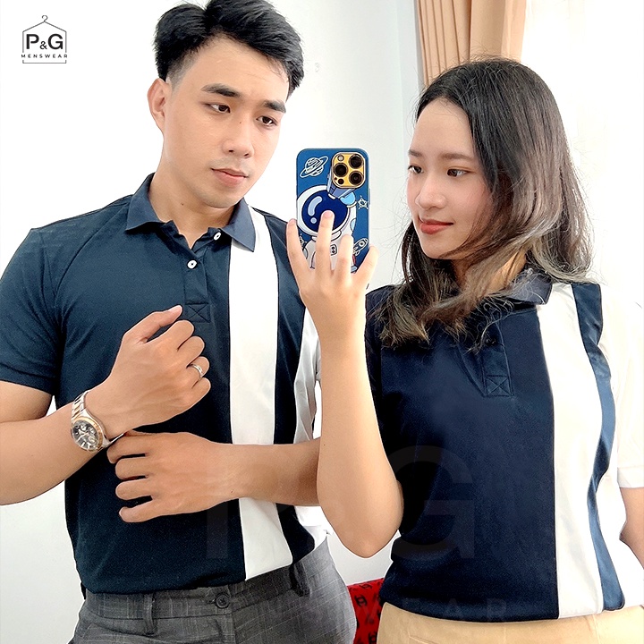 Áo Thun Polo nam nữ cặp đôi Premium, tay ngắn, cổ trụ - màu xanh đen, phối kẻ dọc màu trắng