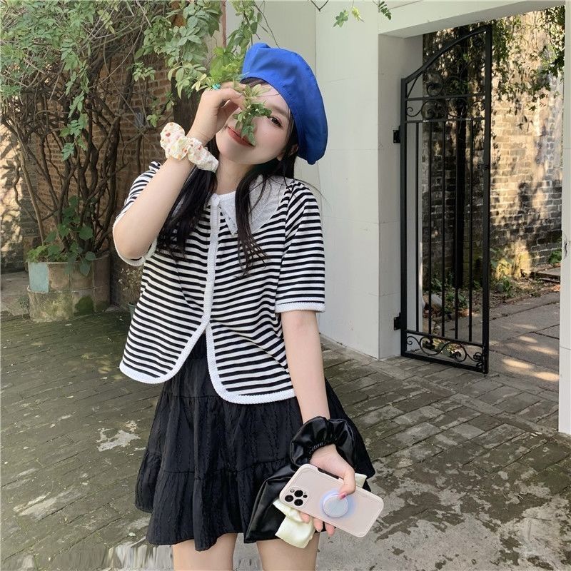 Áo Len Ngắn Tay Họa Tiết Kẻ Sọc Màu Sắc Tương Phản Phong Cách retro Thời Trang Hàn Quốc