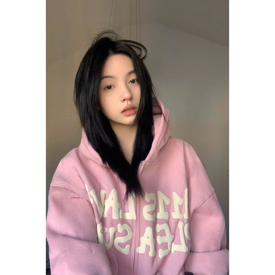 Áo hoodie thiết kế mùa thu 2022 màu hồng có khóa kéo dành cho nữ