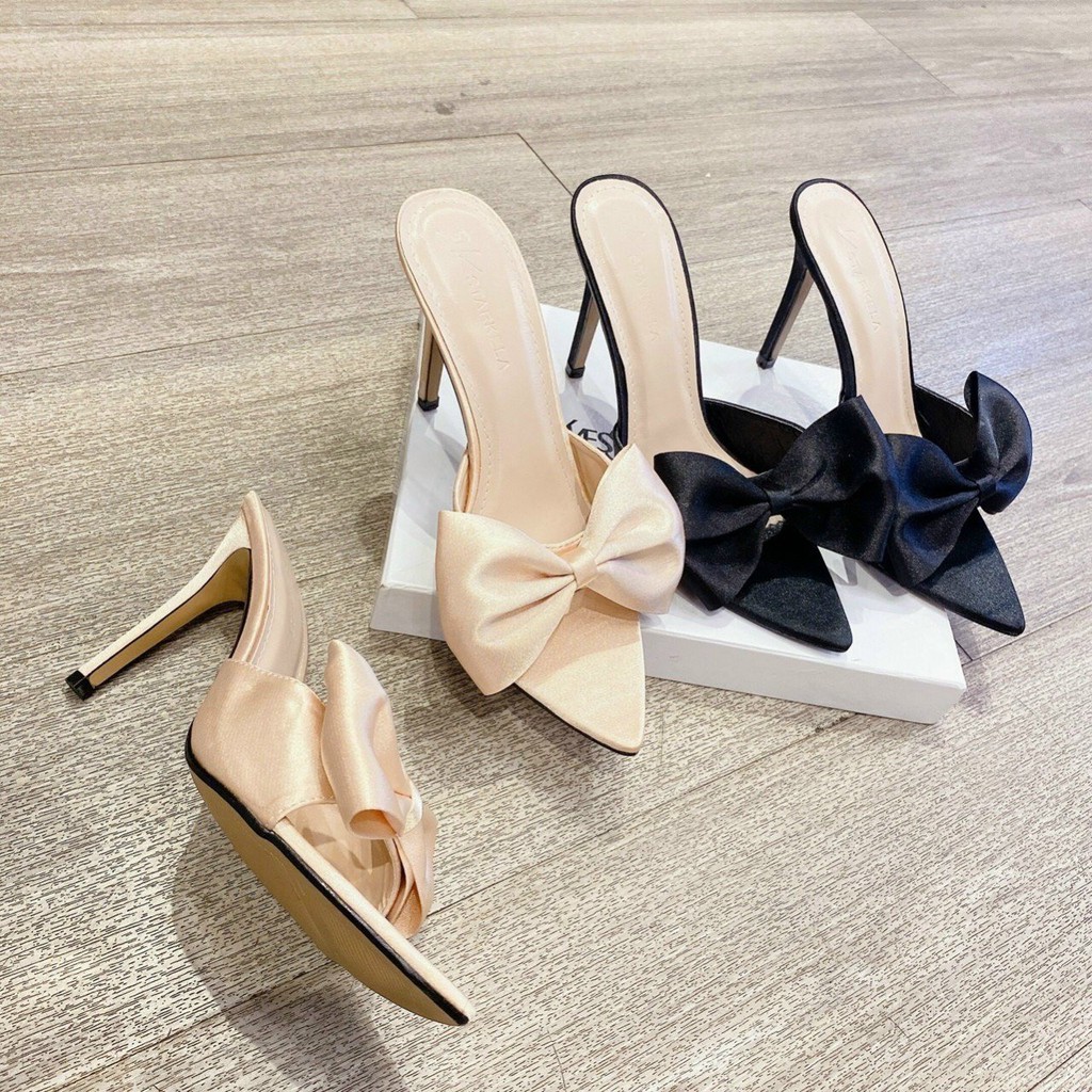 Guốc cao gót nơ thời trang mũi nhọn 9cm - T124
