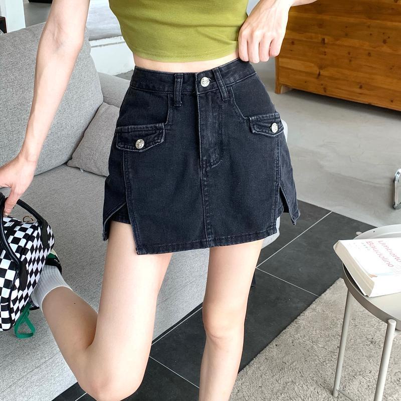 Jiashucheng Chân Váy Denim Mini Lưng Cao Xẻ Tà Phong Cách Mới Cho Nữ
