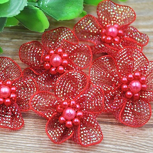 10 cái hoa kết thủ công bằng hạt nhựa và dây ruy băng Organza nhiều màu sắc