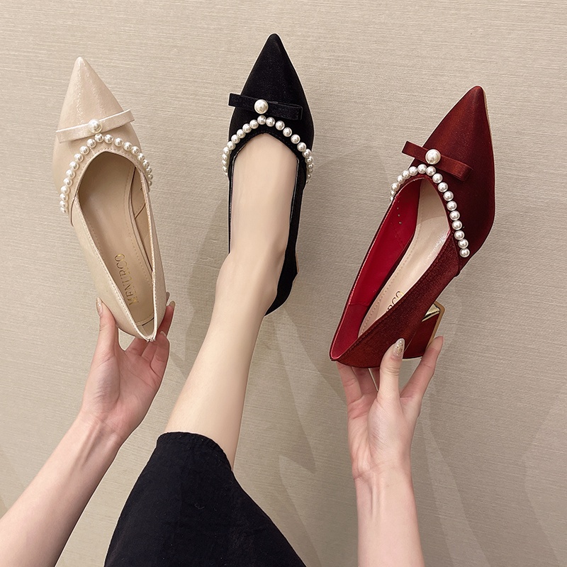 High Heel Women 2021 Spring New French Pearl Pointed Red Wedding Shoes Bridesmaid Shoes Thick With Shallow Mouth Single