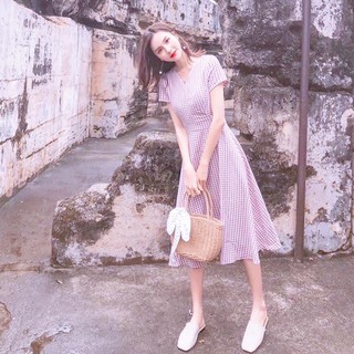 Đầm váy freesize caro hồng cổ V tùng xoè