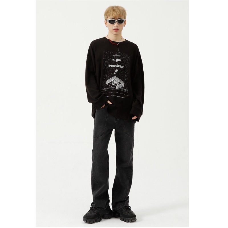 Quần jeans đen wash ống loe nam basic phong cách retro, punk, urban streetwear