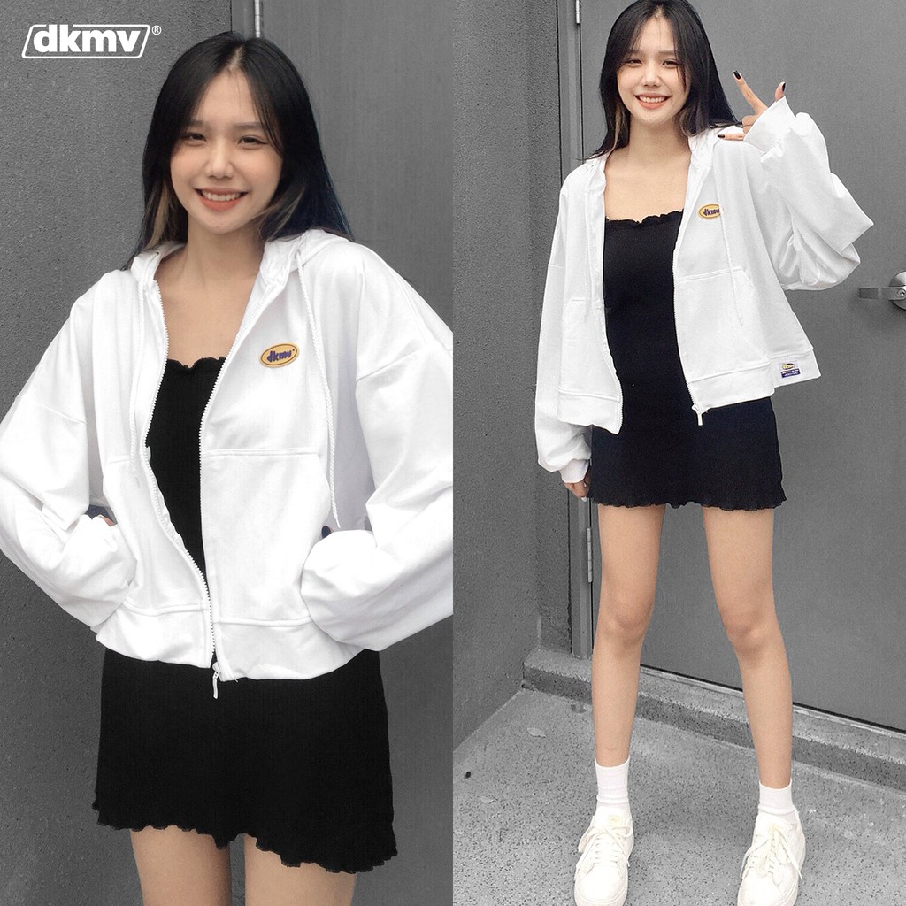 Áo Hoodie Zip Logo form rộng màu trắng | DKMV Hoodie Zip Logo-White