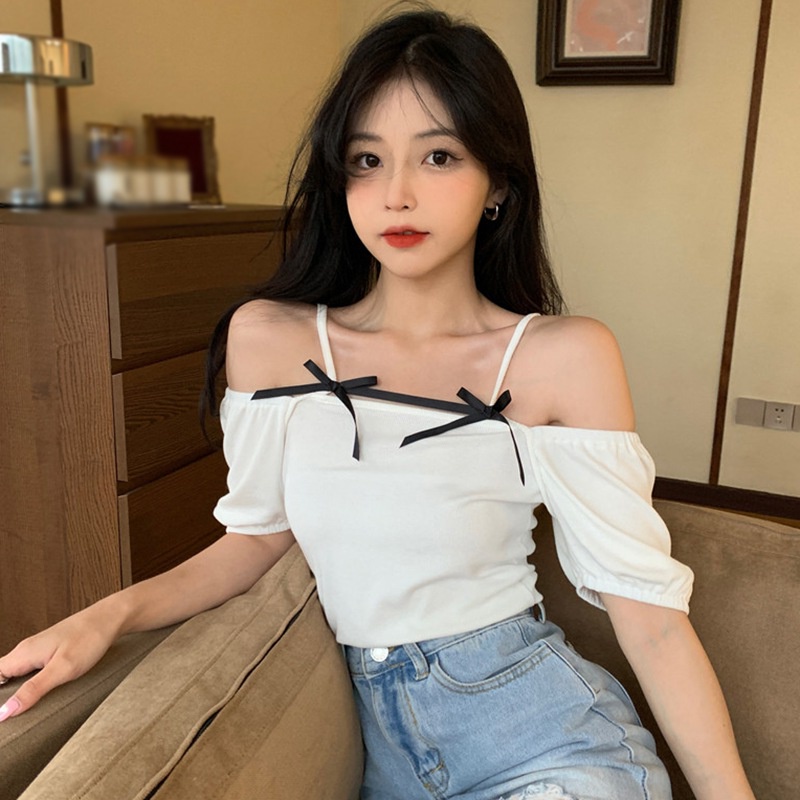 Áo Thun Tay Ngắn Phồng Cổ Vuông Đính Nơ Thời Trang Cho Nữ