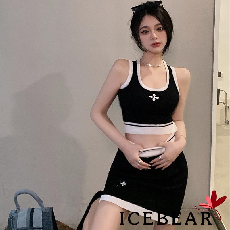 Set Đồ 2 Món Gồm Áo Dệt Kim Không Tay Cổ Chữ U + Chân Váy Ngắn Lưng Cao Màu Sắc Tương Phản Cho Nữ